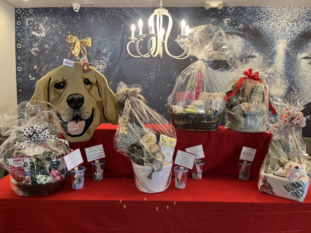 Raffle prize baskets at the Labradors and Friends Bingo Night fundraiser